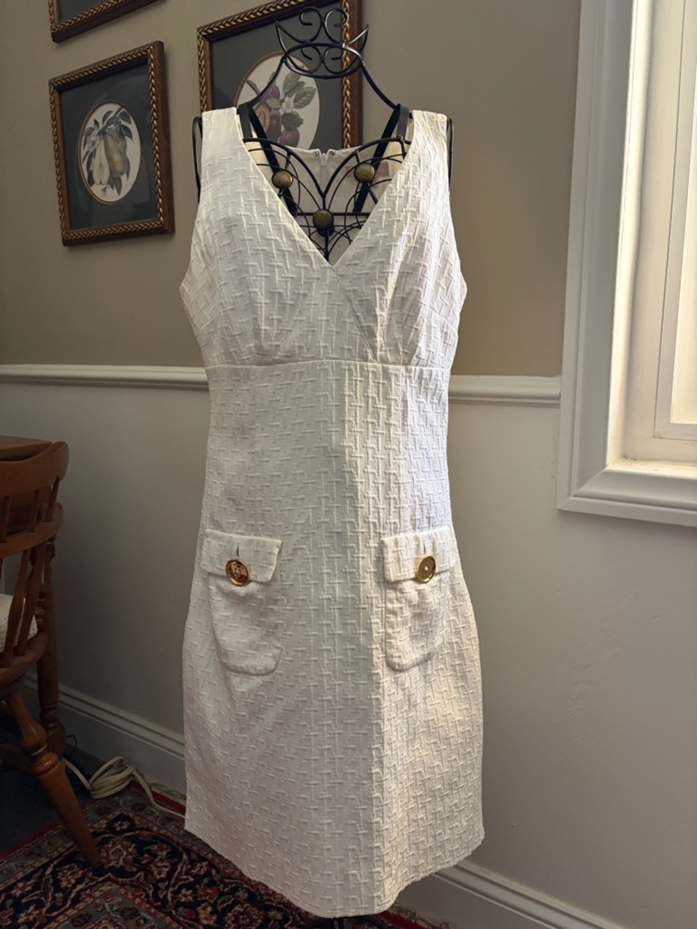 Michael Kors White Textured V-Neck Midi Dress with Front Pocket Buttons